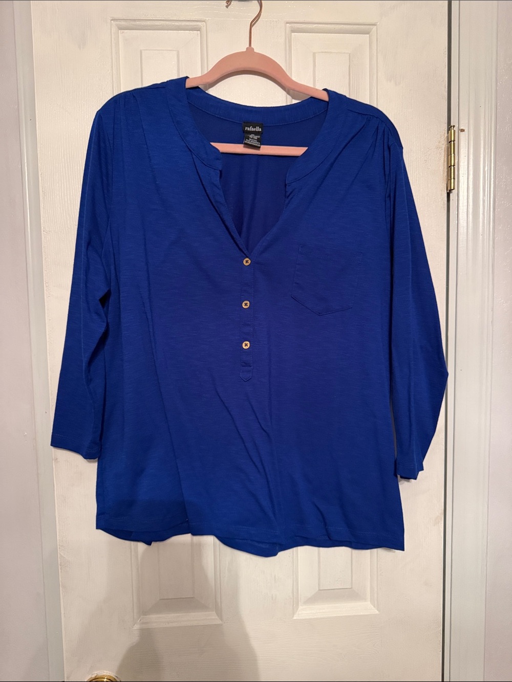 Rafaella Royal Blue Split-Neck Button 3/4 Sleeve Top